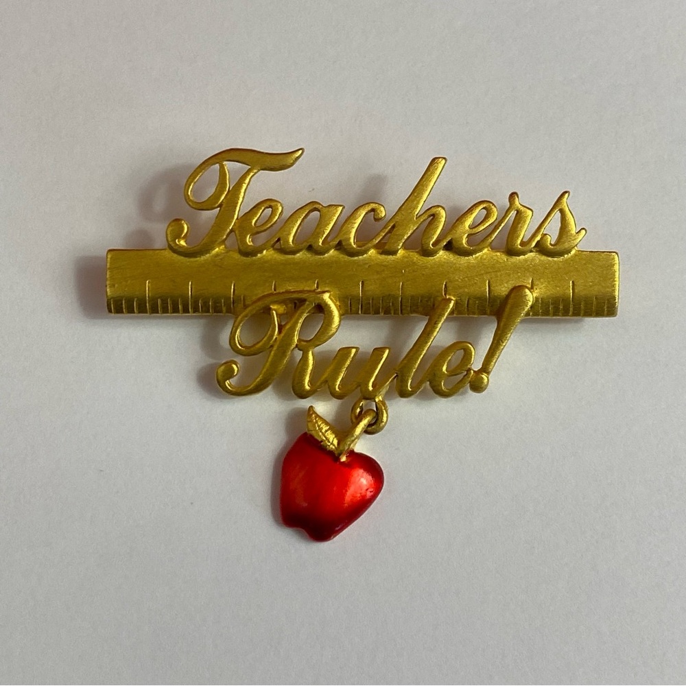 Vintage Signed JJ Teachers Rule School Apple Ruler Gold Tone Brooch Pin